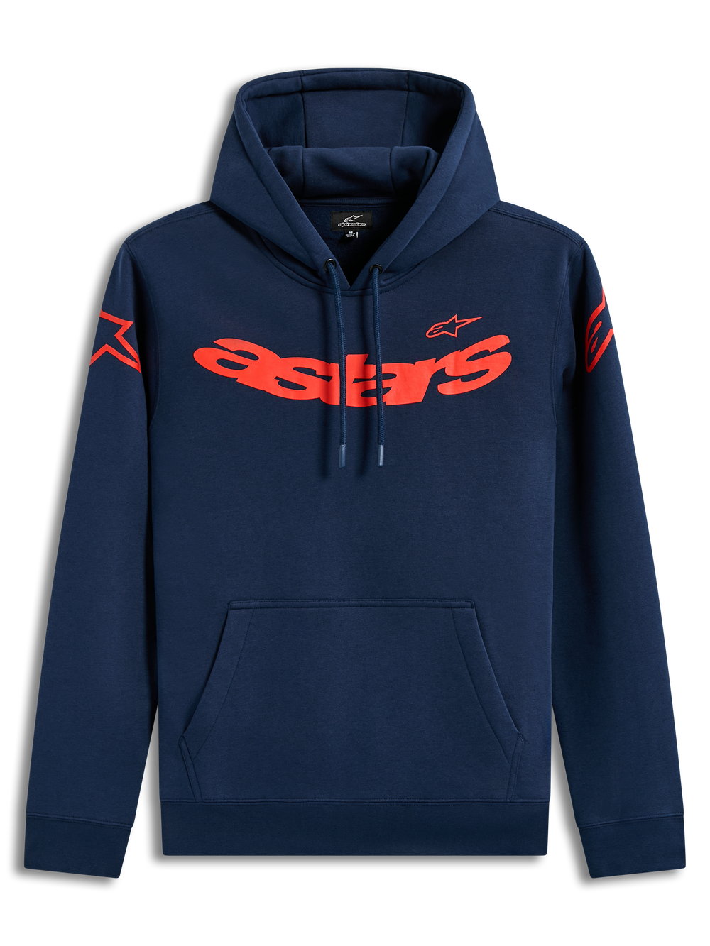 Alpinestars Velocifier Hoodie, navy blue and red sportswear fleece with curved branding and shoulder logos.