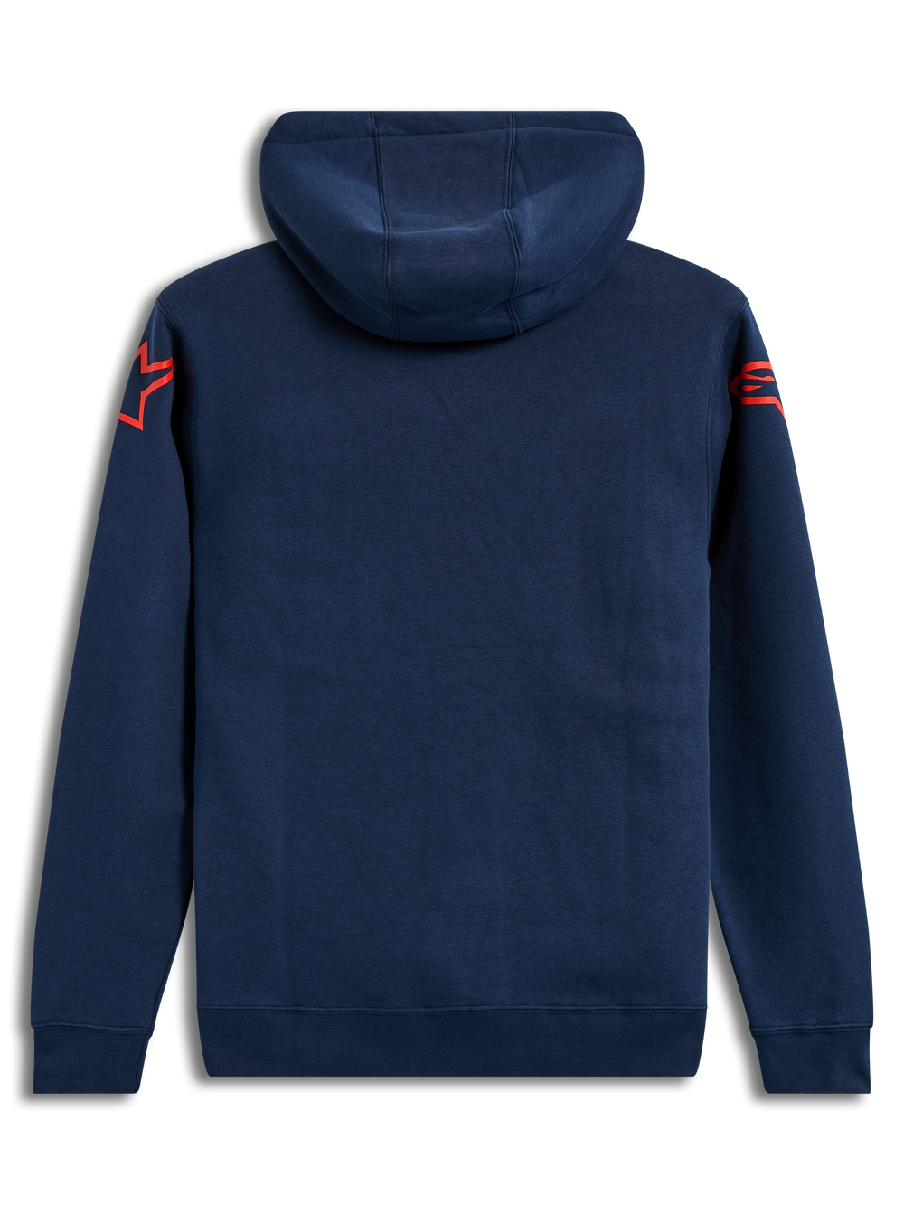 Alpinestars Velocifier Hoodie, back view of navy blue sportswear fleece with orange shoulder logos and rib-knit cuffs.