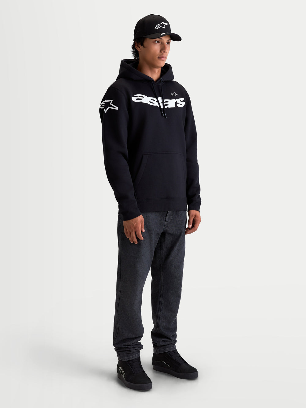 Alpinestars Velocifier Hoodie, Men's Sportswear Pullover Fleece, Black and White, featuring a curved Astars wordmark on the chest and logos on the shoulders, premium cotton-blend construction for casual off-bike motorsport style