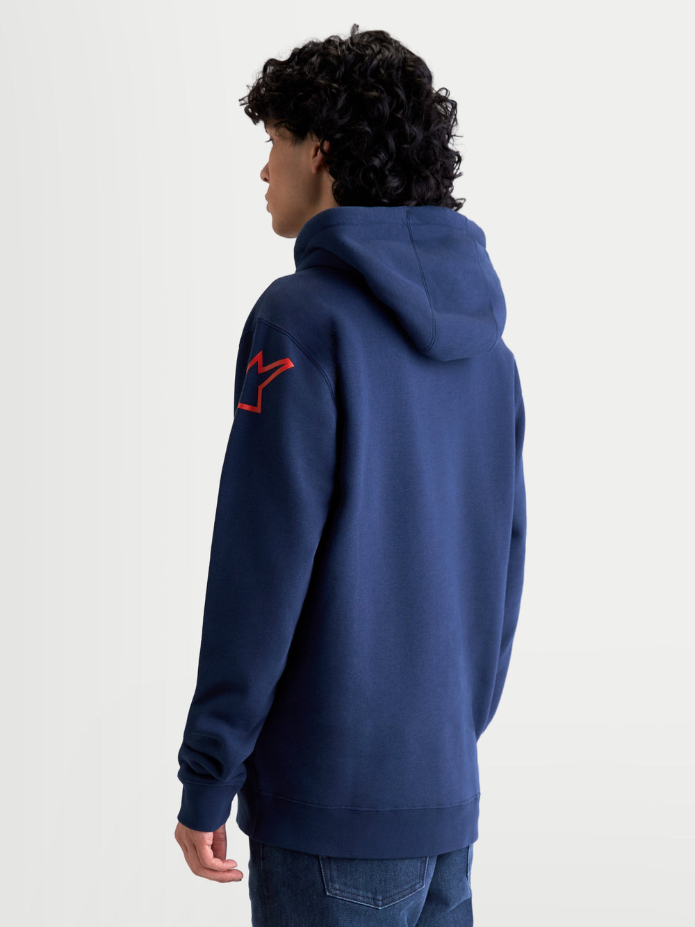 Alpinestars Velocifier Hoodie, Men's Sportswear Pullover Fleece in Navy Blue and Red, featuring a self-lined hood and iconic Astars shoulder logo, casual off-bike motorsport apparel.