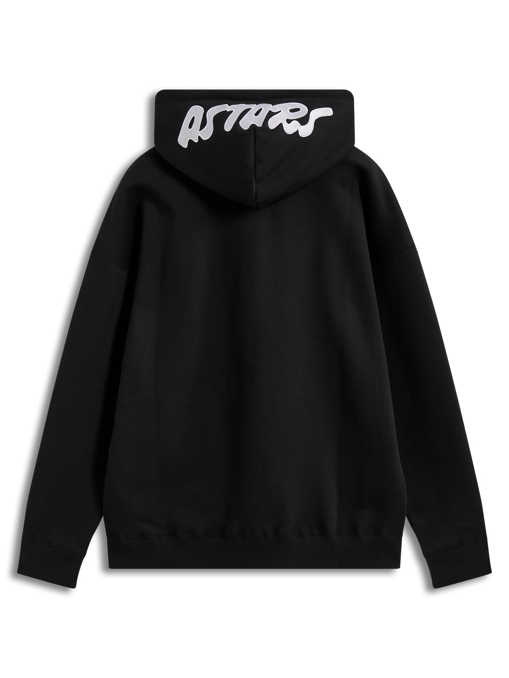 Alpinestars Pioneer Oversized Hoodie in black fleece, featuring a white embroidered Astars logo on the hood, back view.
