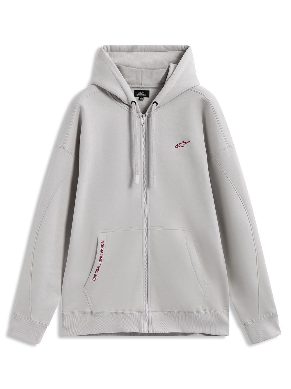 Alpinestars Pioneer Oversized Hoodie, cement grey sportswear zip fleece with red logo accents and kangaroo pocket.