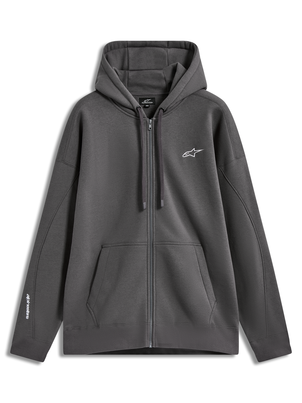 Alpinestars Entity Oversized Hoodie, charcoal gray full-zip sportswear featuring a kangaroo pocket and chest embroidery.