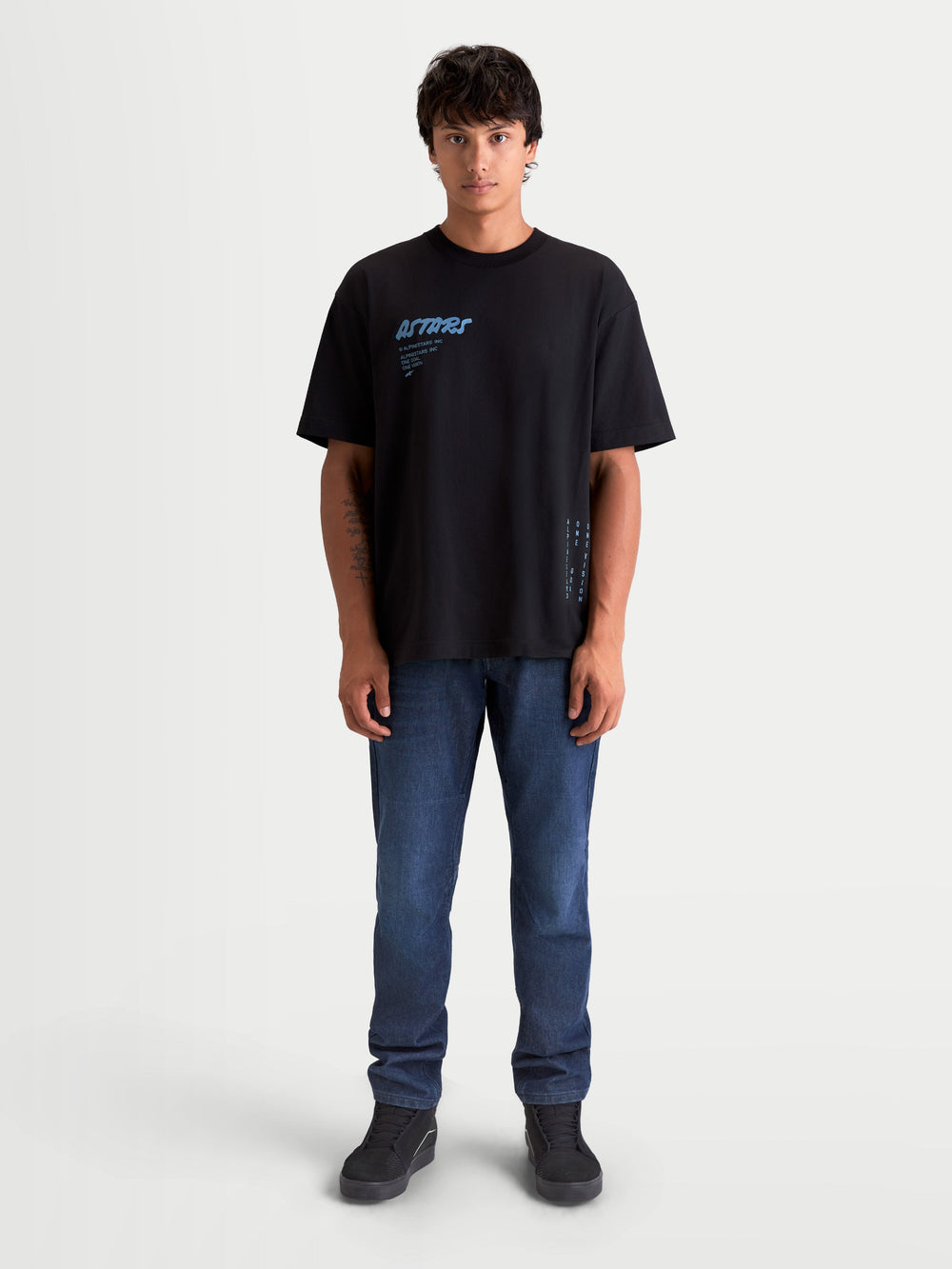 Alpinestars Chalk Oversized CSF Tee, Casual Sportswear Short Sleeve T-Shirt for Men, Black with Blue Astars Graphic on Chest, Relaxed Oversized Silhouette, Cotton and Polyester Blend, Motorsport Lifestyle Wear