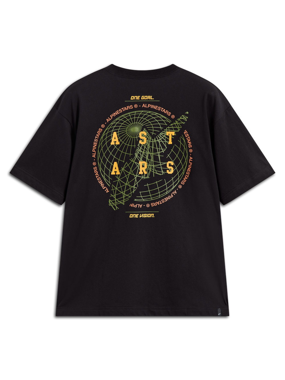 Alpinestars Latitude Oversized CSF Tee, Black shirt with green globe and yellow ASTARS logo back graphic and brand motto.