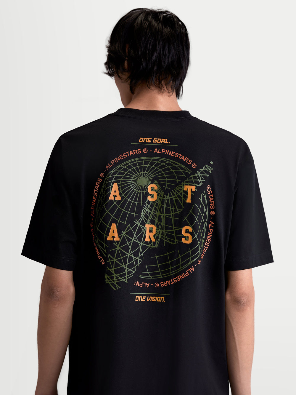 Alpinestars Latitude Oversized CSF Tee, Men's Sportswear T-shirt, Black, featuring a large green globe and orange ASTARS wordmark back graphic with 'One Goal. One Vision.' slogan, relaxed oversized fit, short sleeve cotton-poly blend for casual everyday comfort.