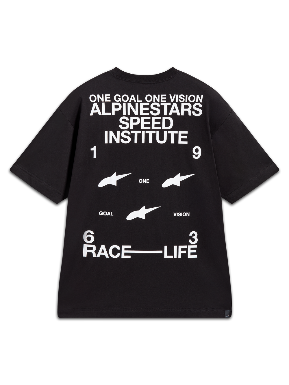 Alpinestars Institute Oversized CSF Tee, black short-sleeve sportswear shirt with bold white back graphics featuring Speed Institute branding and racing slogans.