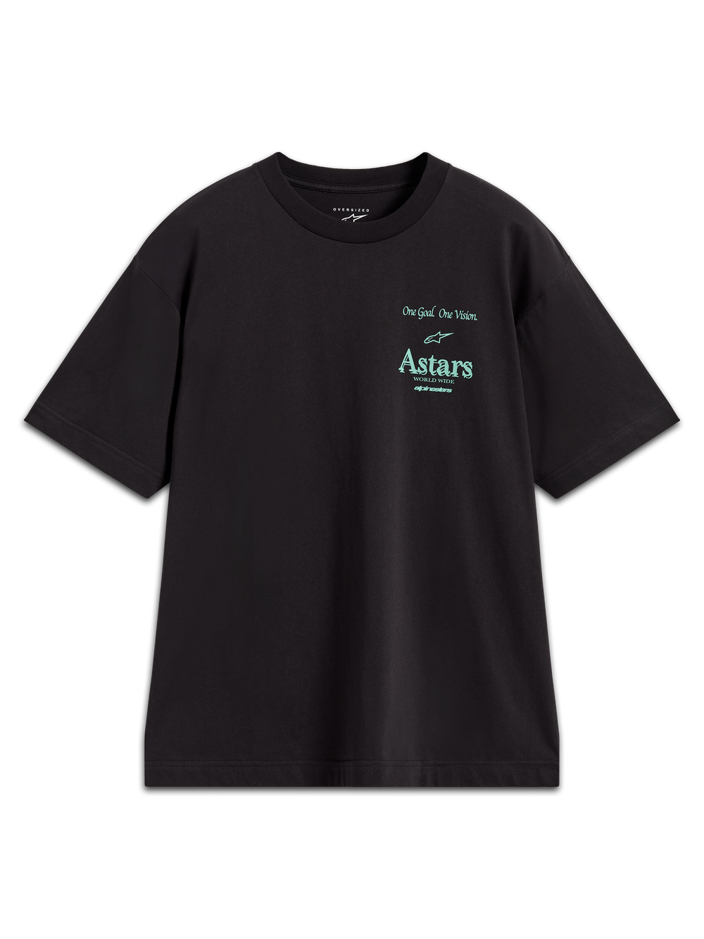 Alpinestars Post Oversized CSF Short Sleeve Tee, black cotton blend shirt with teal Astars logo and One Goal One Vision slogan.