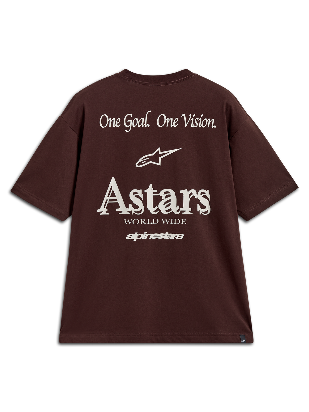 Alpinestars Post Oversized CSF Tee, dark brown short sleeve sportswear t-shirt with white Astars logo and One Goal One Vision back graphics.