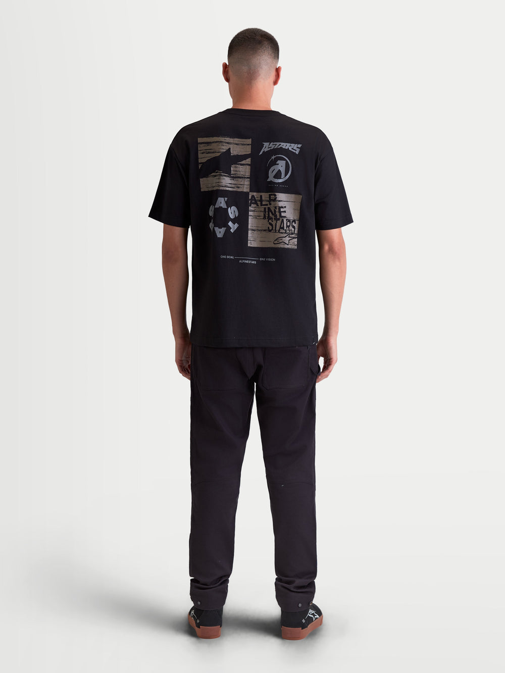 Alpinestars Checkback Oversized CSF Tee, Men's Sportswear Short Sleeve T-Shirt, Black, back view featuring a large grey checkerboard graphic with Astars logos, oversized casual fit.