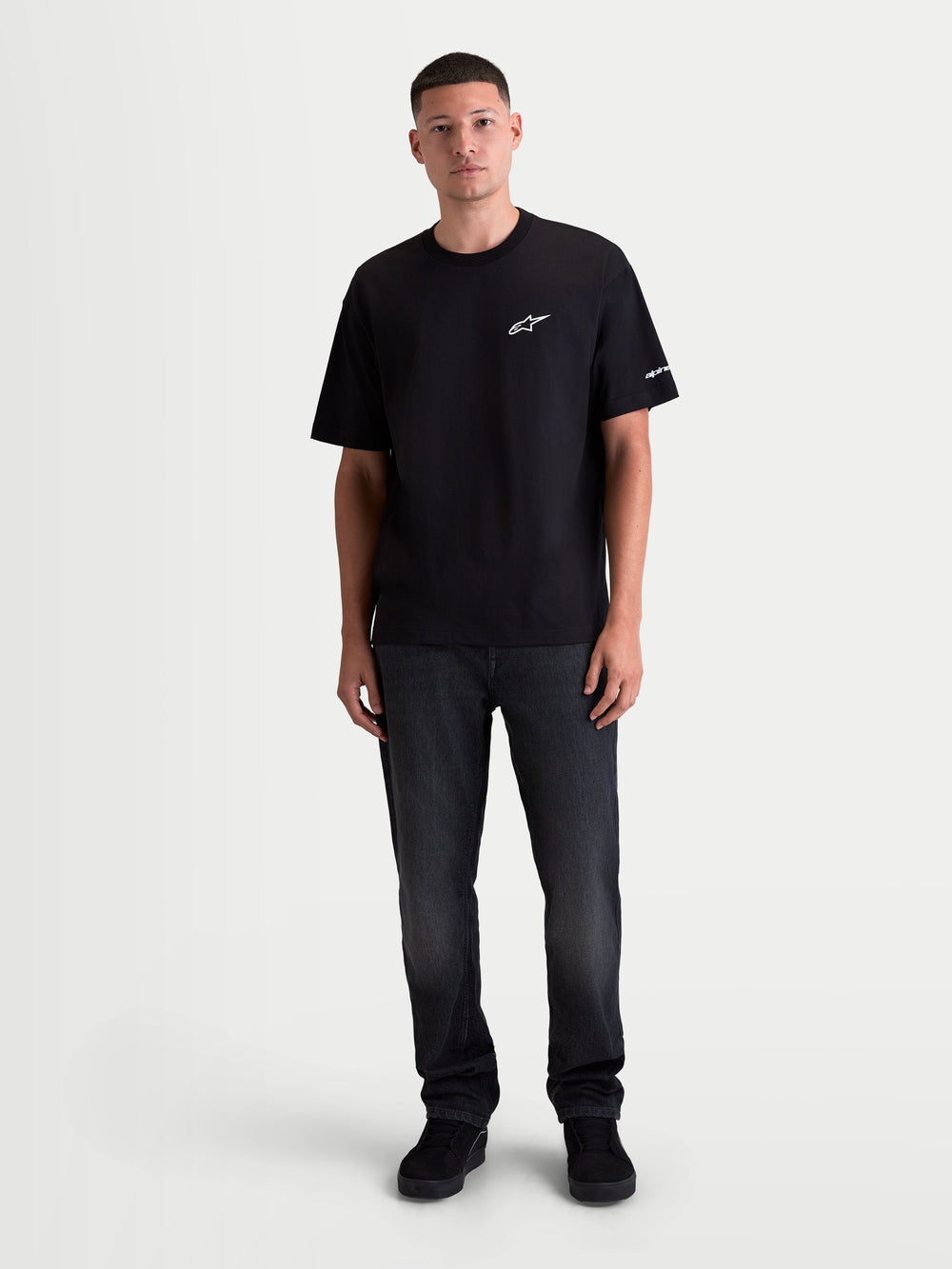 Alpinestars Mandate Oversized CSF Tee, Men's Casual Sportswear Short Sleeve T-Shirt, Black with White Chest Puff-Print Logo and Sleeve Graphics, Relaxed Oversized Fit, Cotton-Polyester Blend