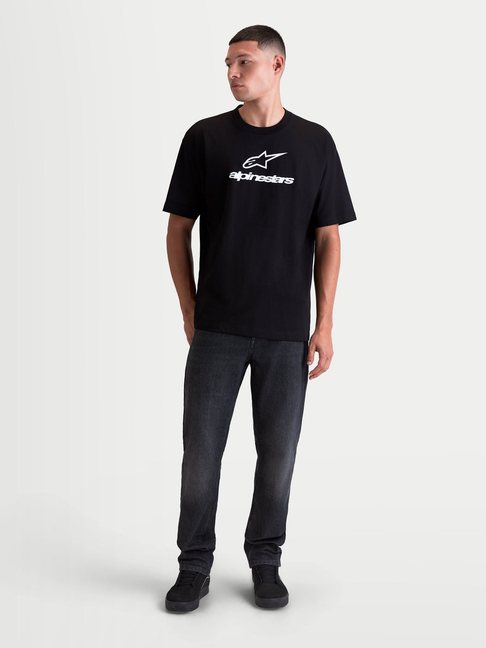 Alpinestars Prelude Oversized CSF Tee, Short Sleeve Sportswear, Black with White Front Logo Graphic, Relaxed Fit Cotton-Poly Construction, On-Model Front View