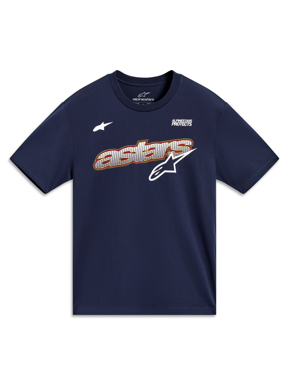 Alpinestars Cypress CSF Tee, navy blue short sleeve shirt with mesh fill Astars graphic and Alpinestars Protects motto.