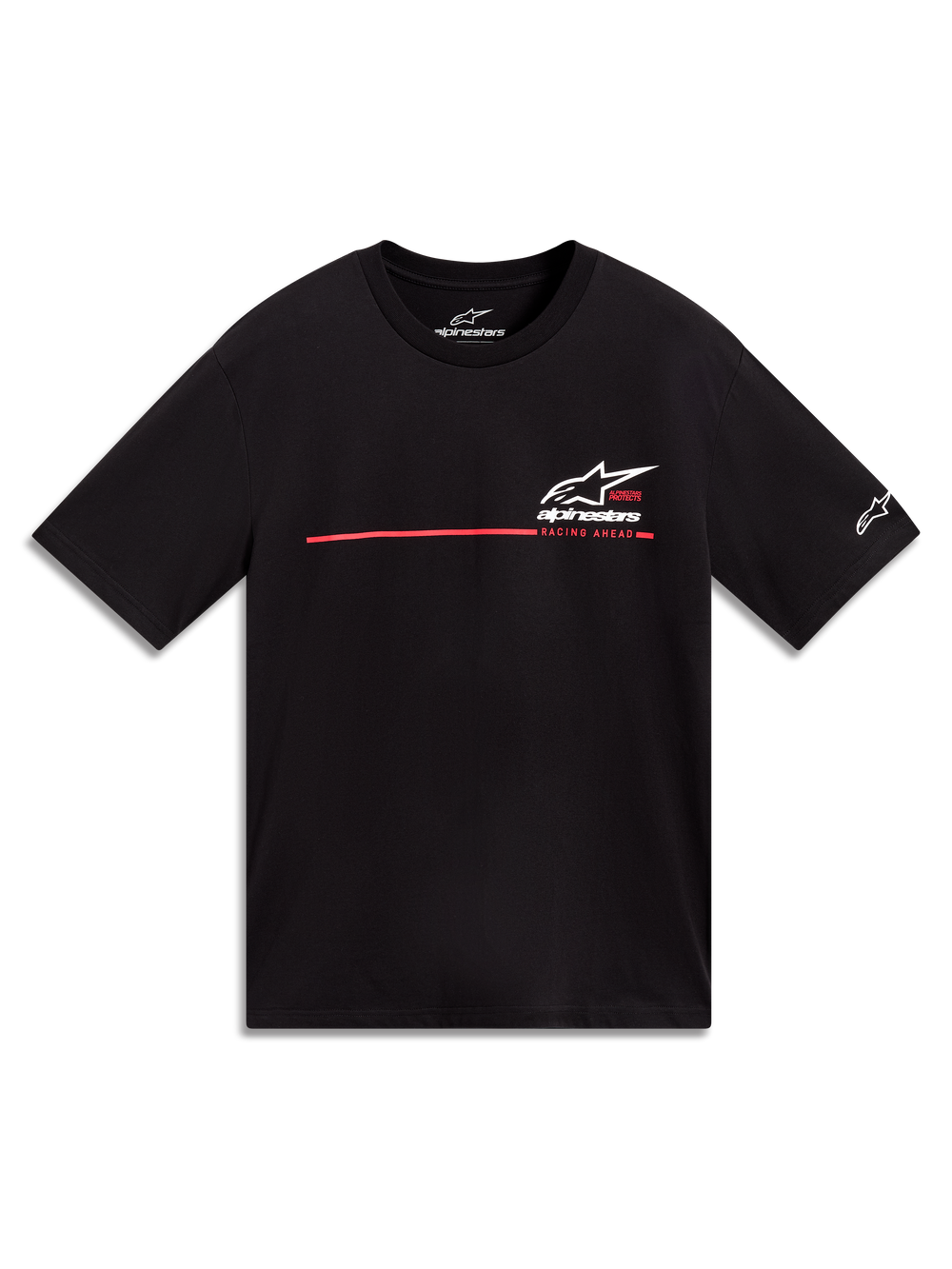 Alpinestars P1 CSF Short Sleeve Tee, black unisex sportswear with a white Astars logo and red race stripe graphic.