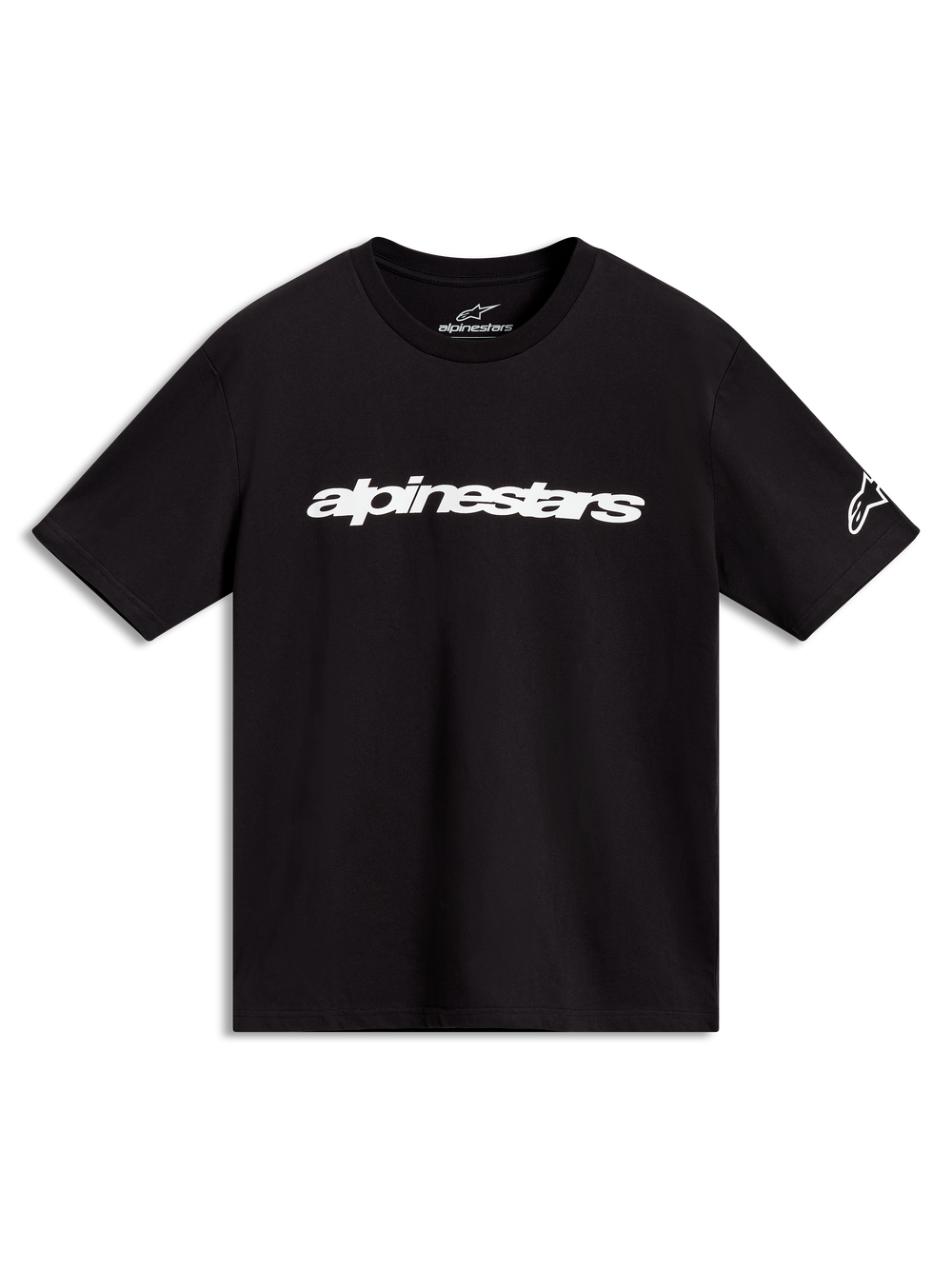 Alpinestars Race Wordmark CSF Tee, black short-sleeve sportswear shirt with white linear chest logo and sleeve branding.