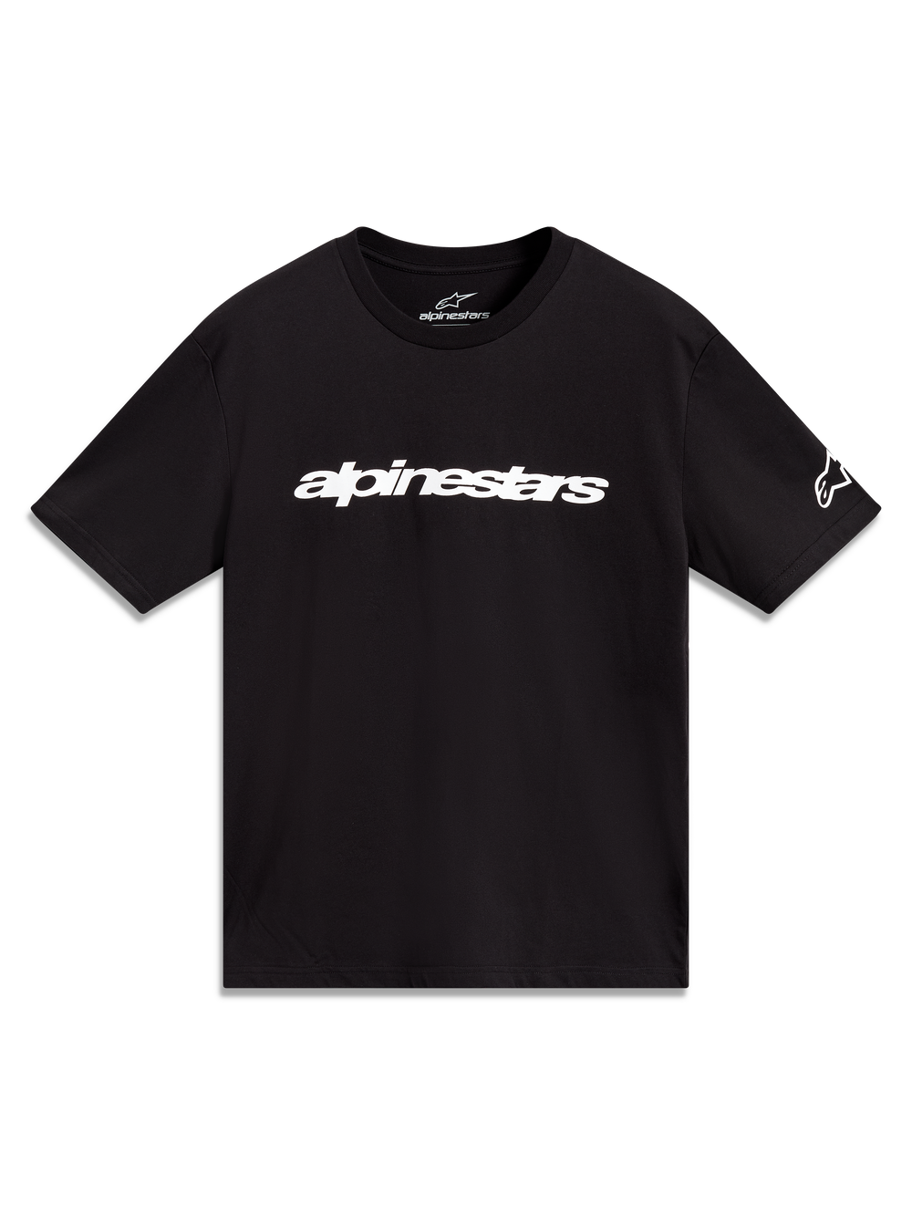 Alpinestars Race Wordmark CSF Tee, black short-sleeve sportswear shirt featuring a white linear logo and sleeve graphic.