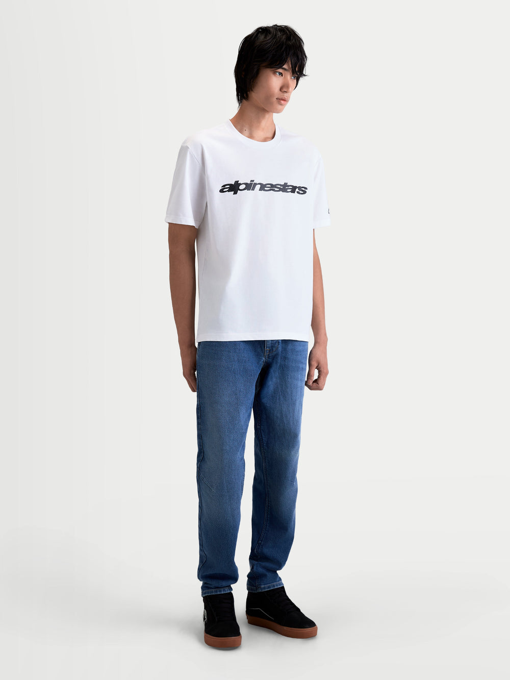 Alpinestars Race Wordmark CSF Tee, Casual Sportswear Short Sleeve T-Shirt, White and Black, featuring a bold motorsport-led Race wordmark chest graphic, on-model view.