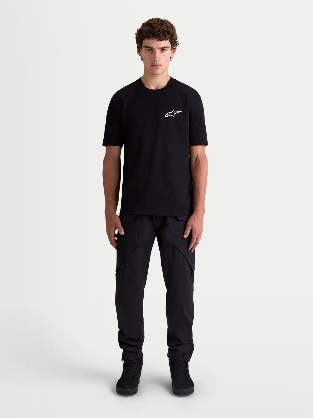 Alpinestars Combo Back CSF Tee, Men's Short Sleeve Sportswear T-Shirt, Black with White Astars Logo on Chest, Premium Cotton-Poly Blend for Motorsport-Inspired Style.