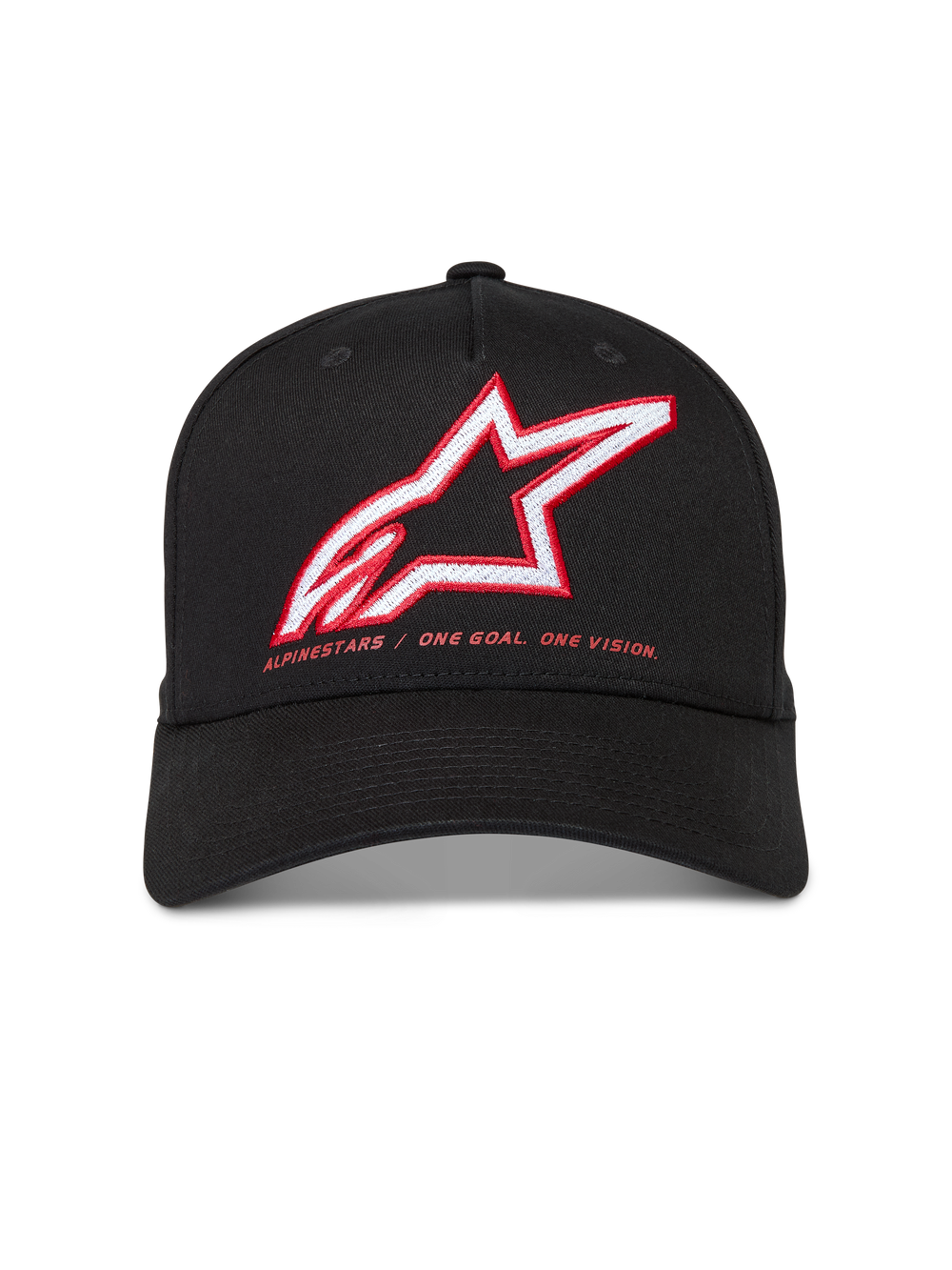 Alpinestars Lineout Hat, Black structured twill cap with curved bill, red and white embroidered Astars logo and brand motto.