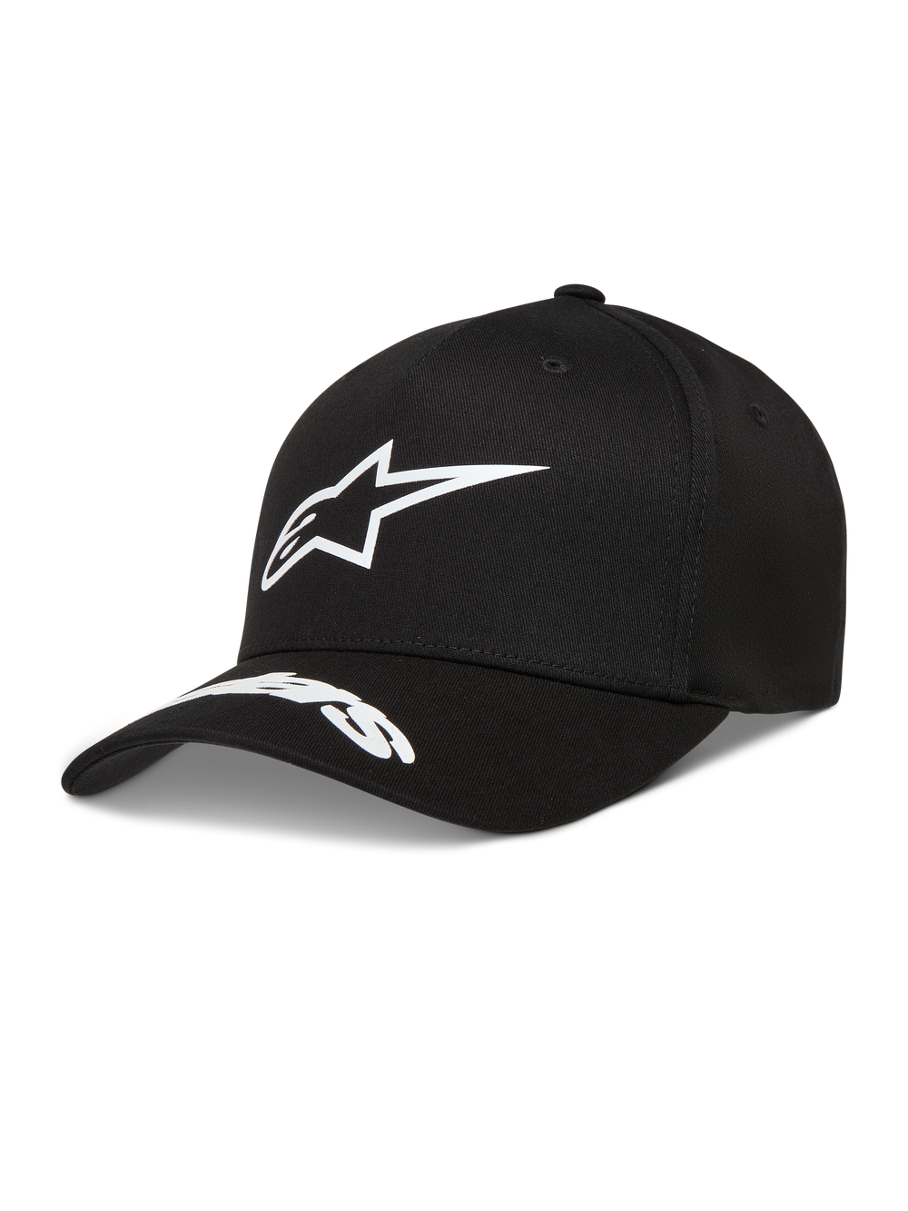 Alpinestars Arclight Hat, black twill cap with white puff print logo and word logo on the curved bill.