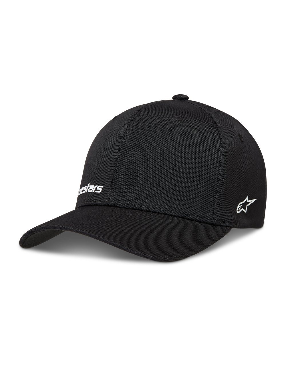 Alpinestars Points Hat, black nylon tactel sportswear cap featuring white HD print logos and flex back fit.