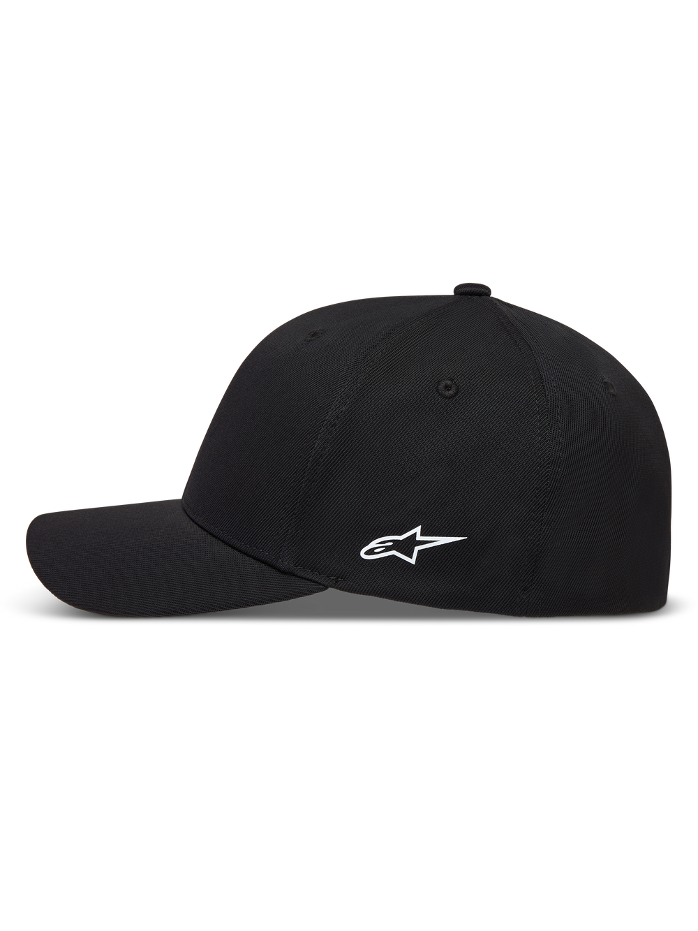 Alpinestars Points Hat, black sportswear baseball cap with a white HD print side logo and curved brim, made from nylon tactel.