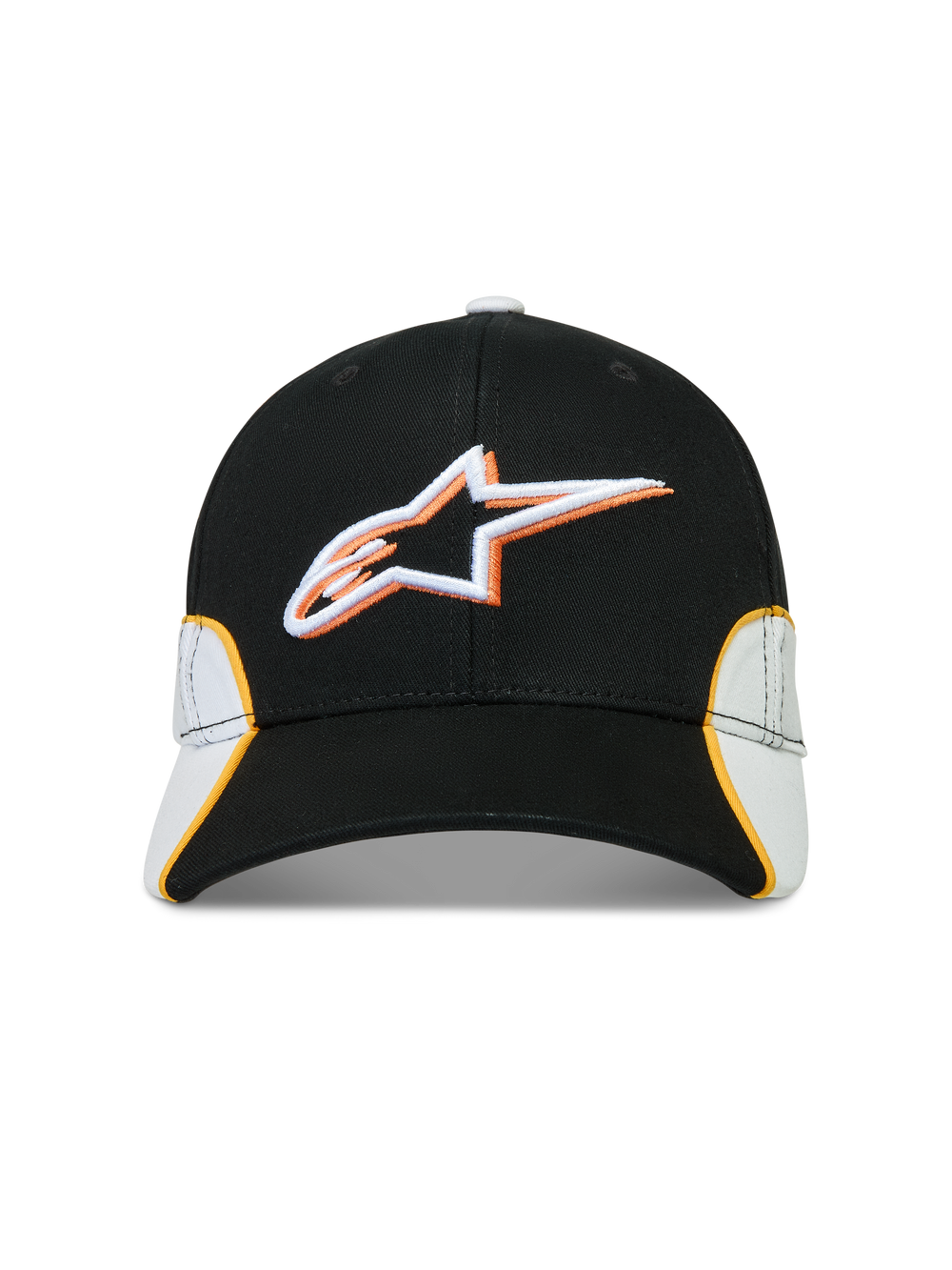 Alpinestars 500 Snapback Hat, Motorsport-Inspired Sportswear Baseball Cap, Black and White with Orange Accents, Cotton Twill construction, featuring a 3D embroidered Astars logo, curved bill, and structured crown.