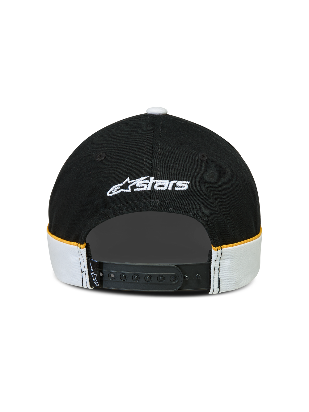 Alpinestars 500 Snapback Hat, Sportswear Lifestyle Cap, Black and White with Yellow Accents, Adjustable Snapback Closure, Rear View showing white Astars logo embroidery and cut-and-sew detailing with contrast piping