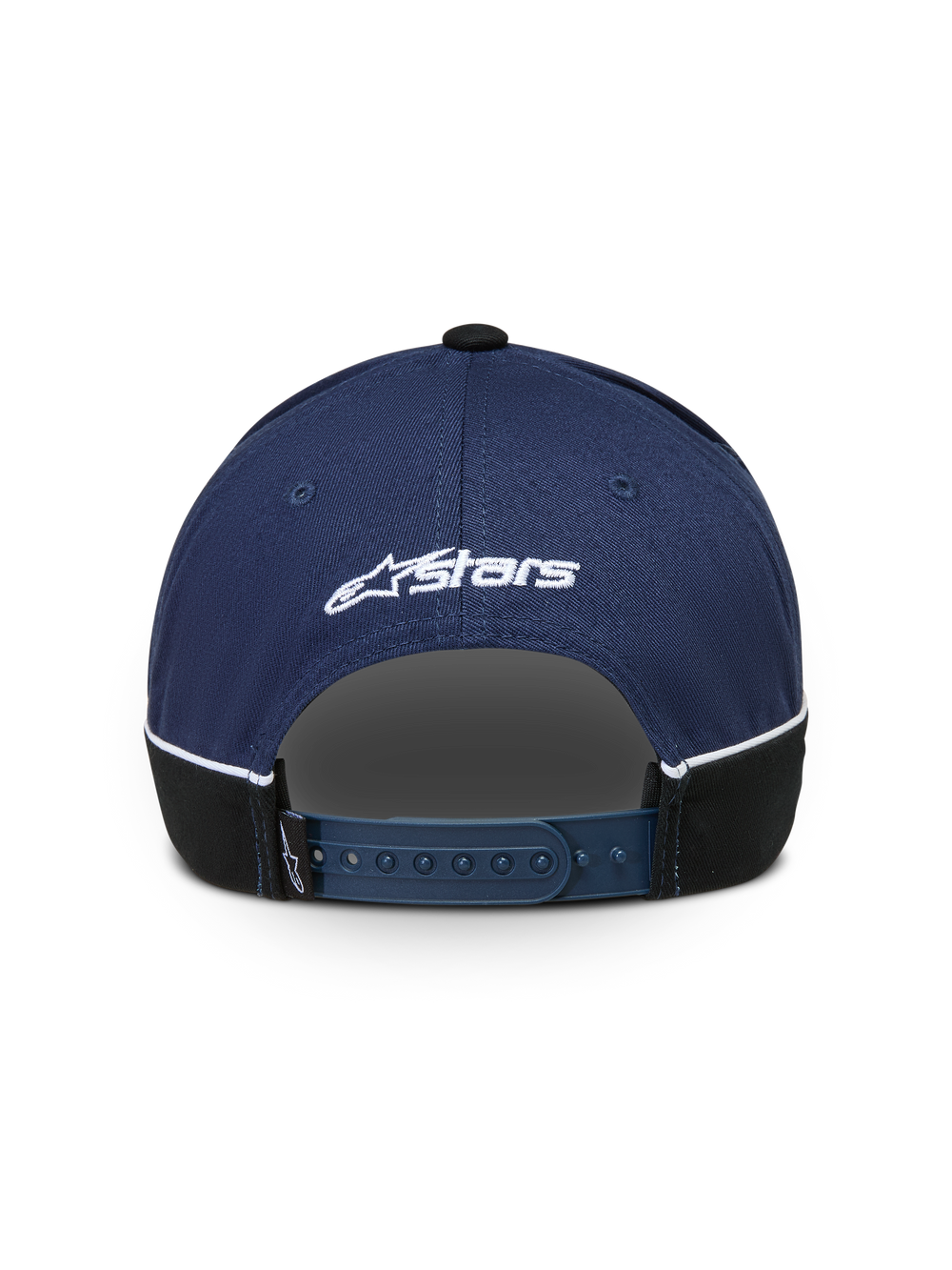 Alpinestars 500 Snapback Hat, Sportswear Baseball Cap, Navy Blue and Black, Rear View showing Adjustable Snapback Closure, White Astars Logo Embroidery, and Contrast Piping Detail.