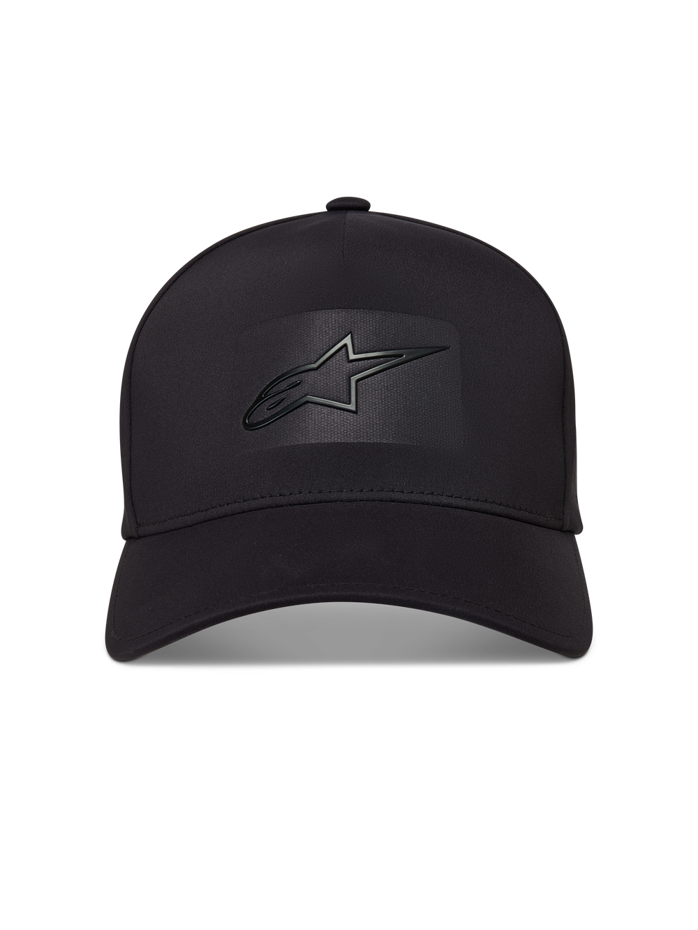 Alpinestars Algo Perf Adjustable Hat, black sportswear cap with curved bill, structured crown, and sonic weld Astars logo.