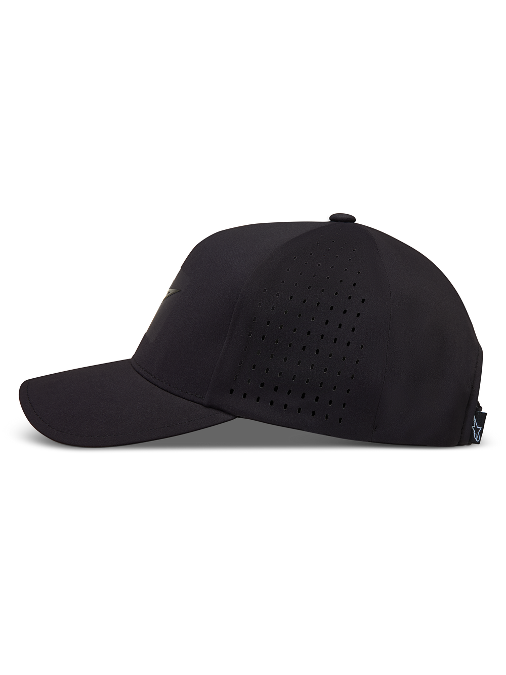Alpinestars Algo Perf Adjustable Hat in Black, featuring a curved bill and perforated side panels for breathability.