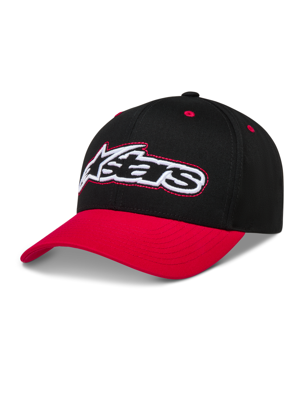 Alpinestars Retro Snapback Hat, Sportswear Baseball Cap, Black and Red, featuring a curved bill and embroidered Astars logo