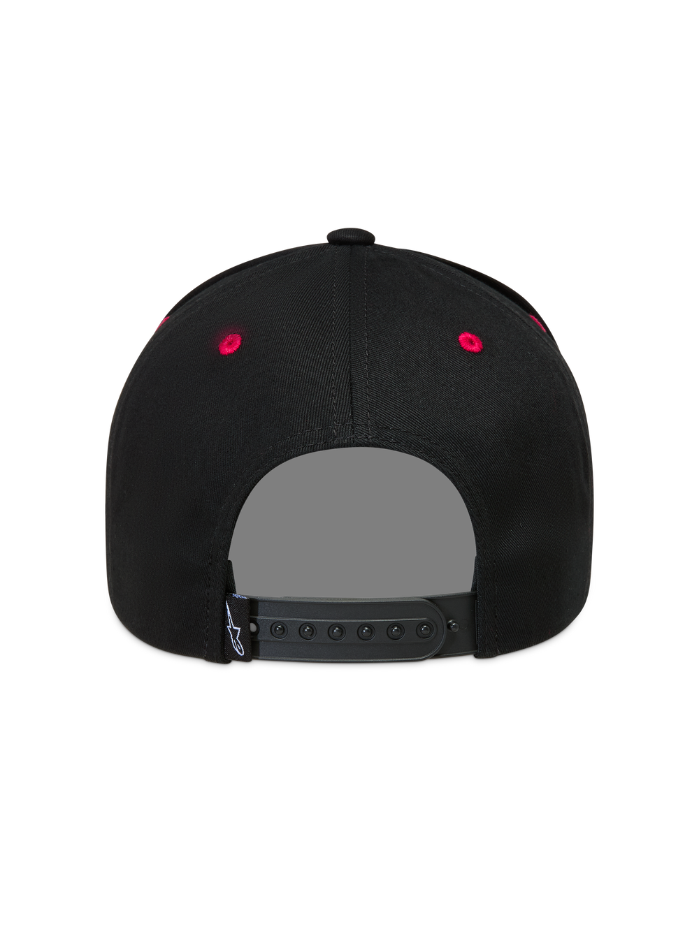 Alpinestars Retro Snapback Hat, Black and Red Sportswear Cap, back view with adjustable snapback strap and red eyelets.