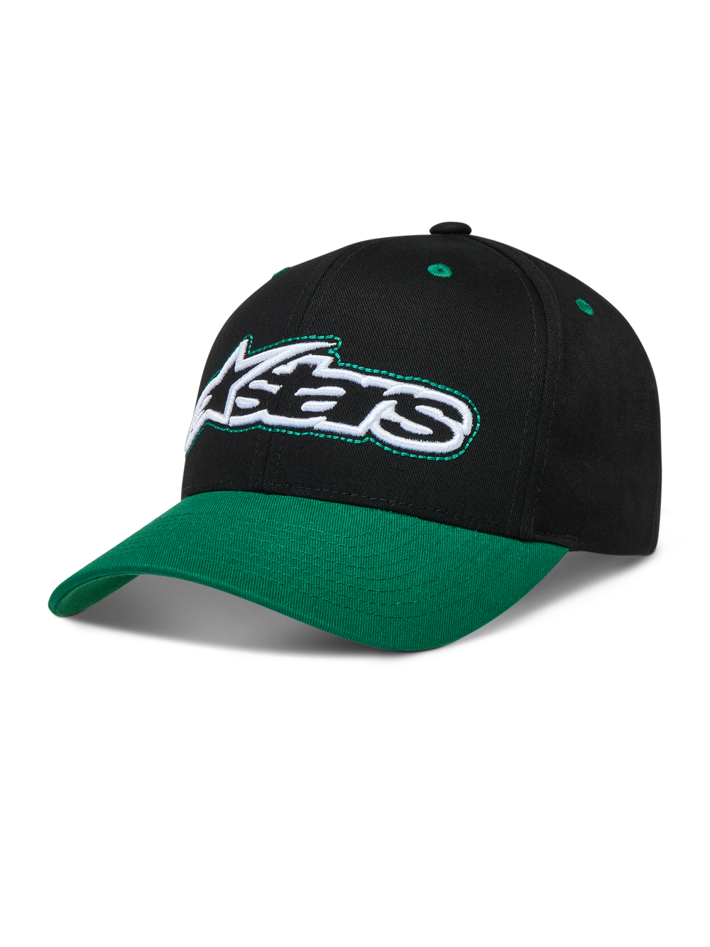 Alpinestars Retro Snapback Hat, Black and Green Sportswear Cap, curved bill, structured crown, and embroidered Astars logo.
