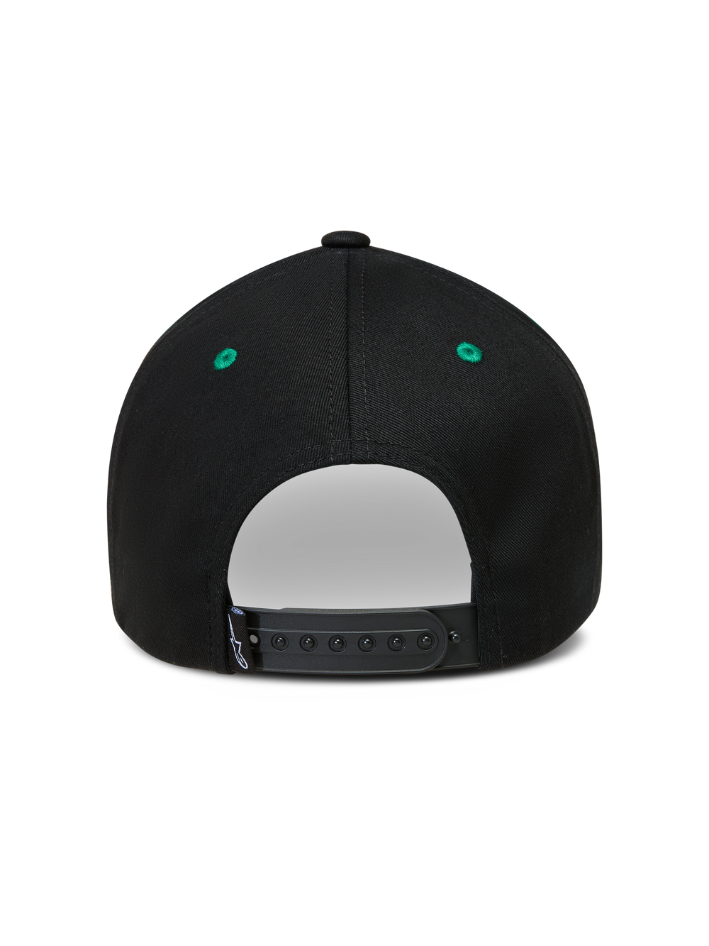 Alpinestars Retro Snapback Hat, Sportswear Baseball Cap, Black and Green, Adjustable Snapback Closure, Back View.