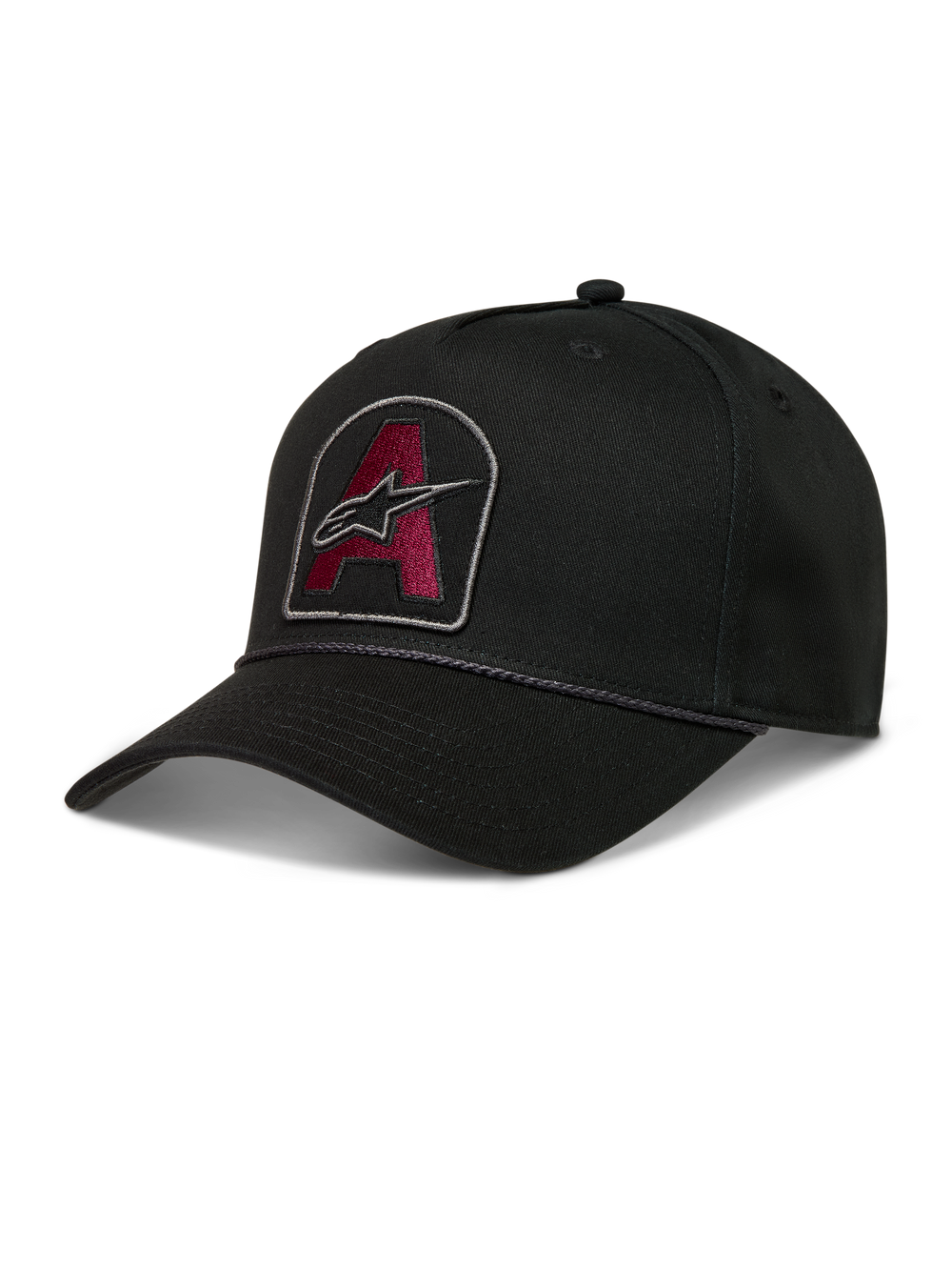 Alpinestars Acme Snapback Hat, black twill cap featuring a burgundy embroidered logo patch, curved bill, and rope trim.