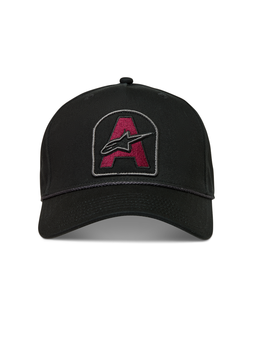Alpinestars Acme Snapback Hat, black cotton twill cap with a burgundy Astars logo patch and rope trim detail.