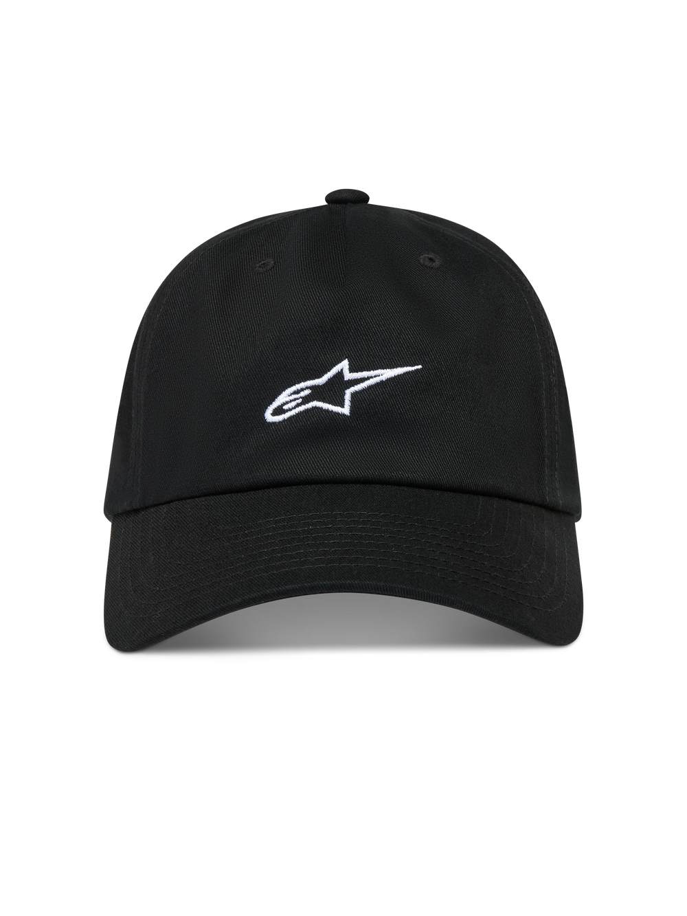 Alpinestars Dylan Dad Hat, Black Sportswear Cap with White Astars Logo, Curved Bill, Unstructured Low Crown, Cotton Twill.