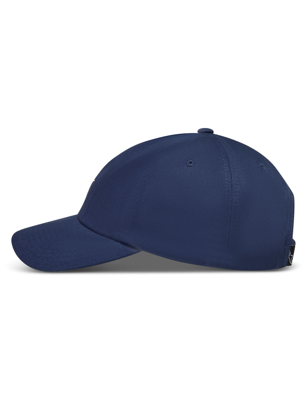 Alpinestars Dylan Dad Hat, Navy Blue sportswear baseball cap featuring a curved bill and unstructured crown, side view.