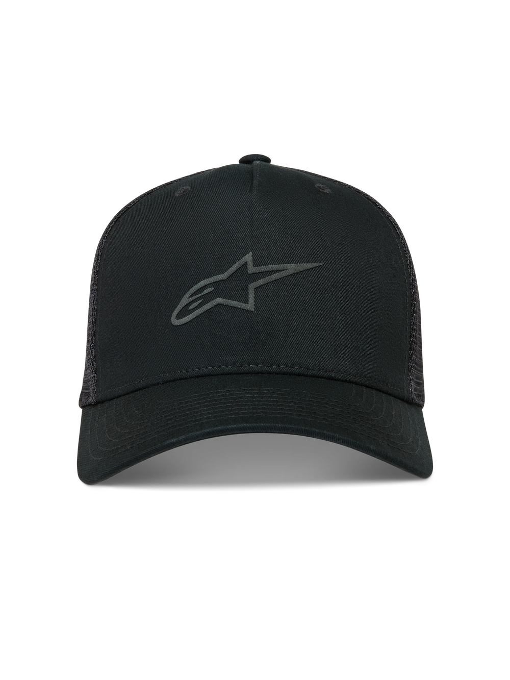 Alpinestars Augment Trucker Hat, Black Sportswear Mesh Cap featuring a curved bill and front textured puff print Astars logo.
