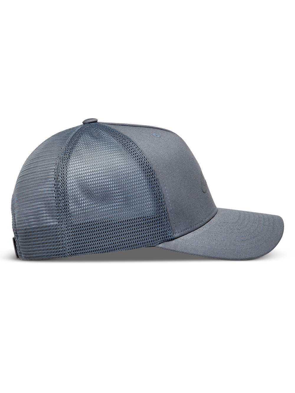 Alpinestars Augment Trucker Hat, Grey Sportswear Cap, side view showing breathable mesh back and curved bill.