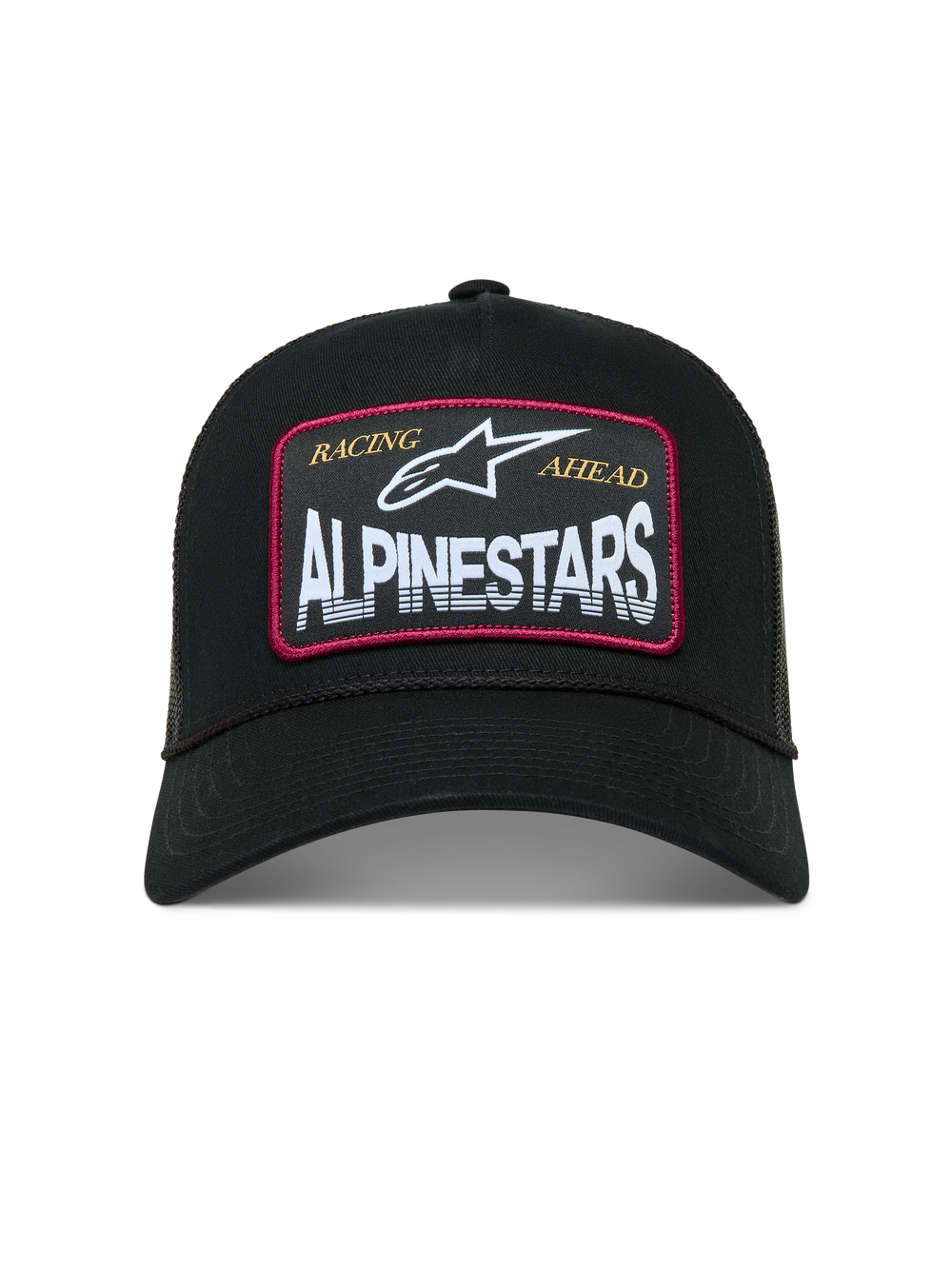 Alpinestars Hemmings Trucker Hat, black sportswear cap with a white logo patch, red accents, and breathable mesh back.