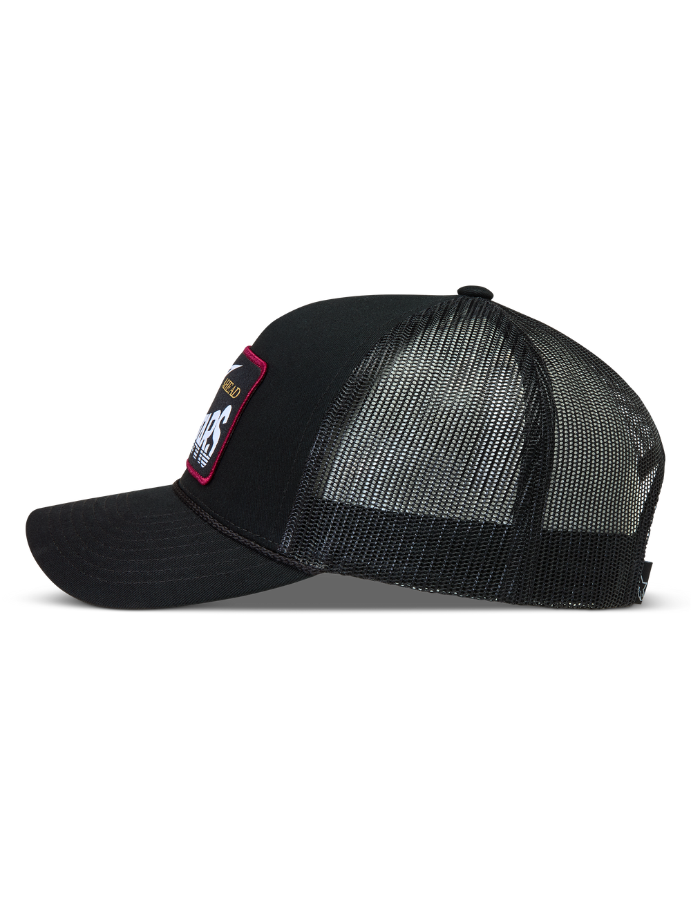 Alpinestars Hemmings Trucker Hat, black sportswear cap with a twill front, breathable mesh back, and curved bill.