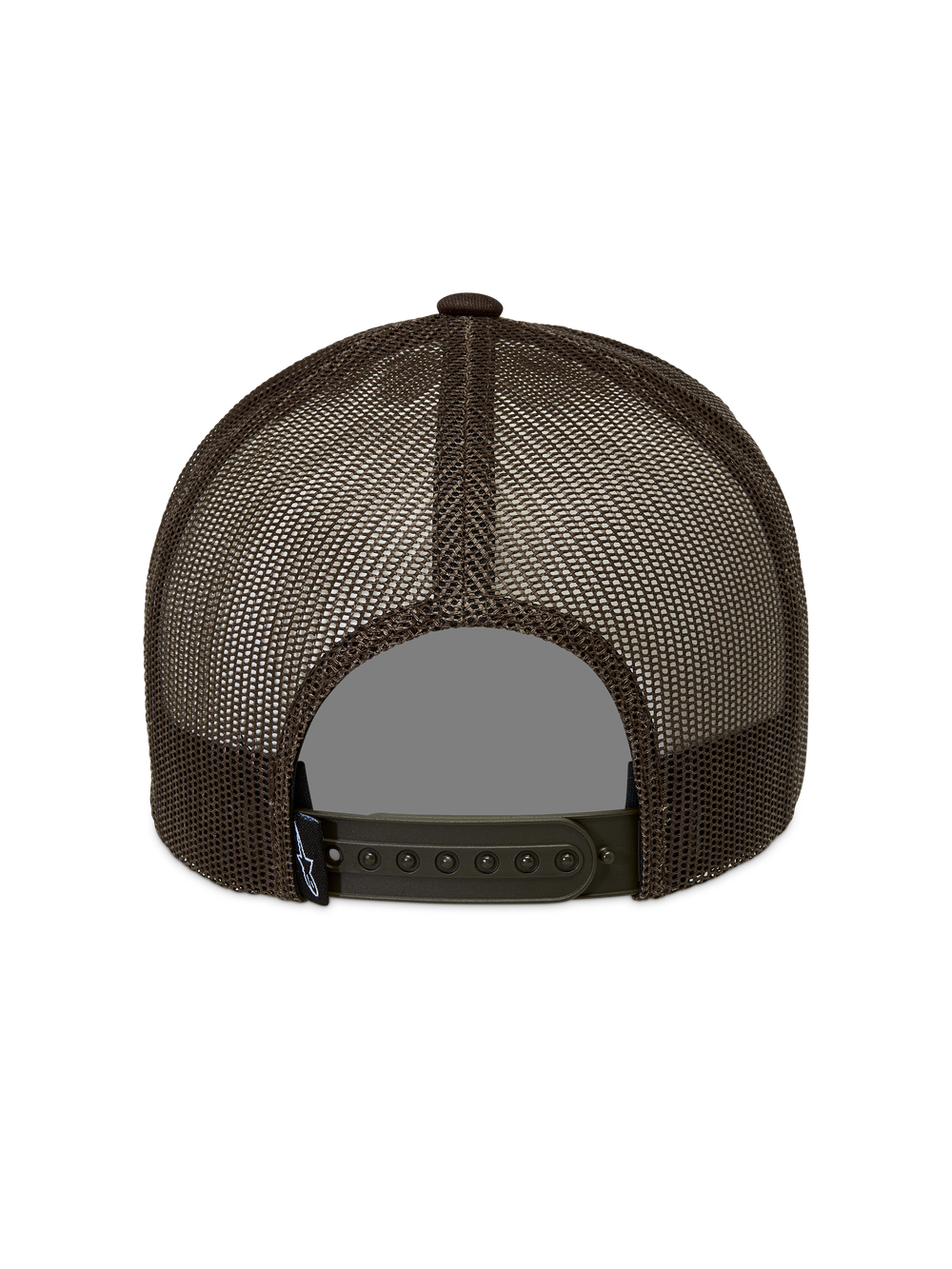 Alpinestars Hemmings Trucker Hat, brown snapback cap with breathable poly mesh panels and adjustable closure.