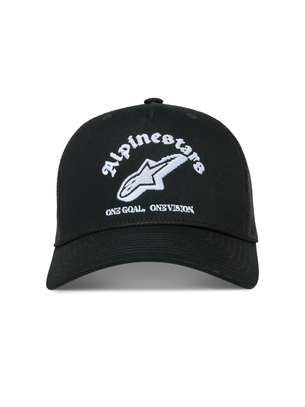 Alpinestars Baron Trucker Hat, black sportswear cap featuring white logo embroidery, curved bill, and breathable mesh back.