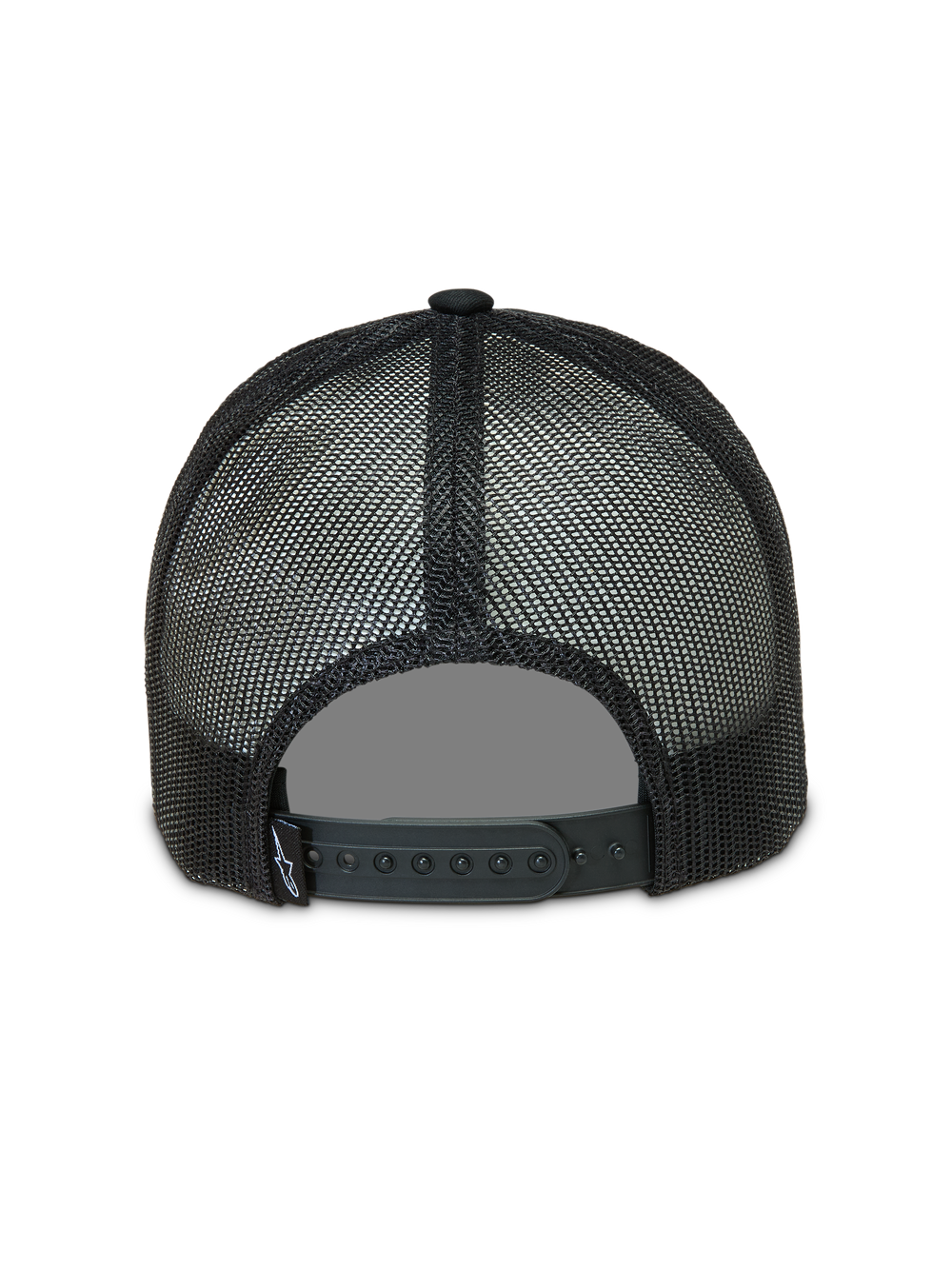 Alpinestars Baron Trucker Hat in black, featuring a breathable poly mesh back and adjustable snapback closure.