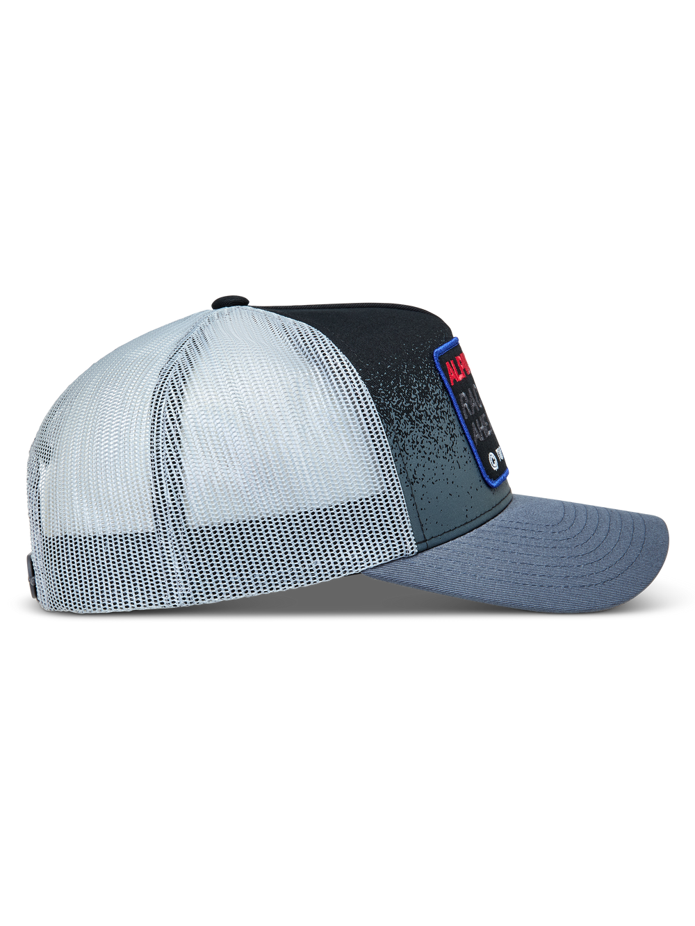 Alpinestars Gravel Trucker Hat, gray and black curved bill cap with white mesh back and side woven patch.