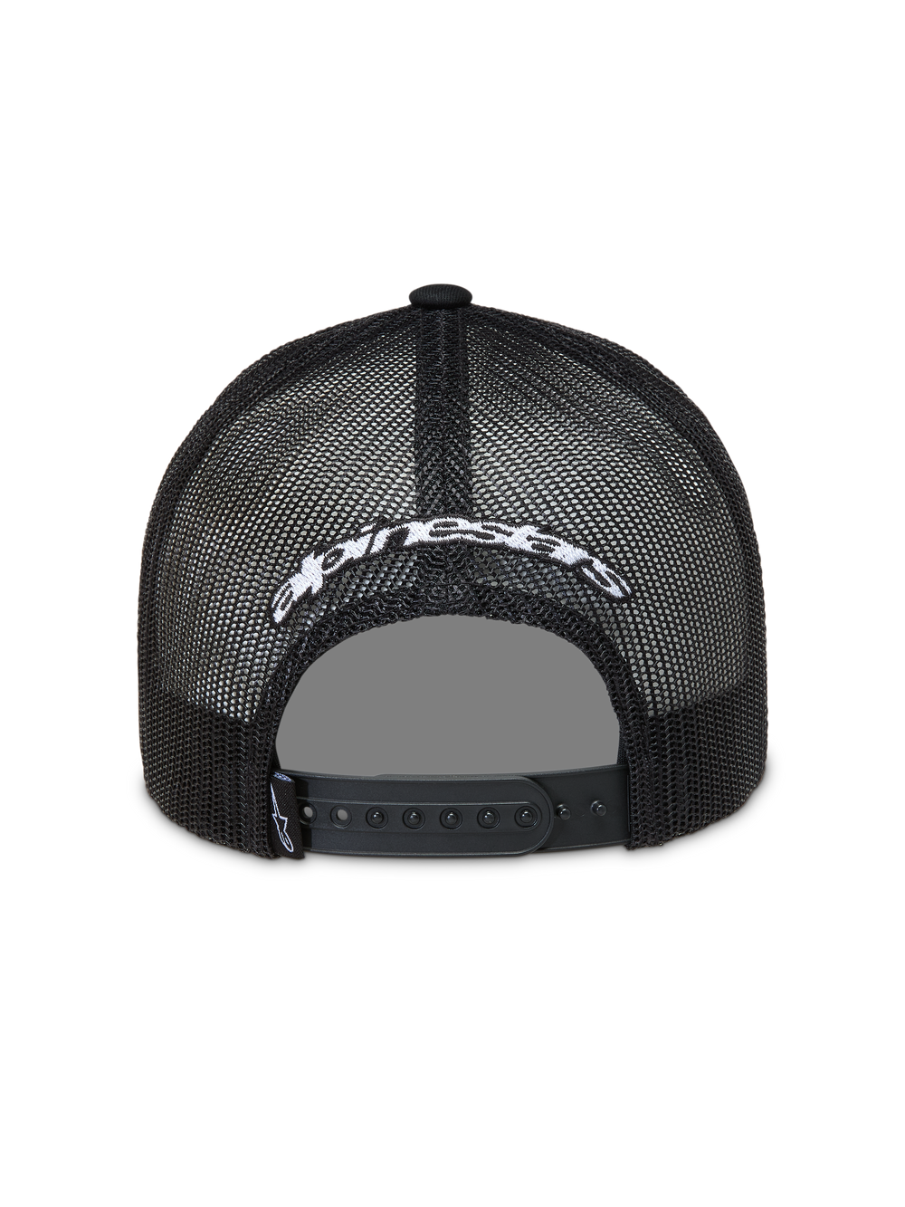 Alpinestars Meteorite Trucker Hat, Black mesh sportswear cap featuring a white embroidered logo and adjustable snapback closure.