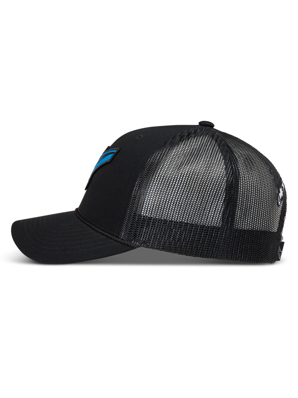 Alpinestars Meteorite Trucker Hat, black sportswear cap with breathable mesh back, curved bill, and structured crown.