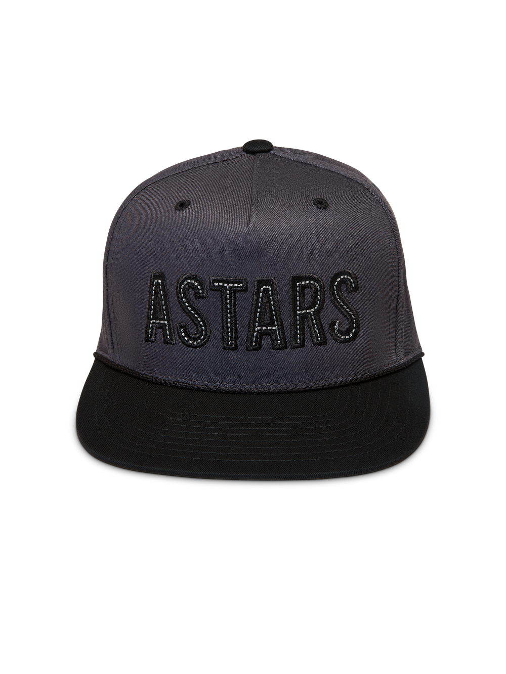 Alpinestars Stadium Snapback Hat, Dark Gray and Black Sportswear Cap with a structured crown, flat bill, and ASTARS logo.